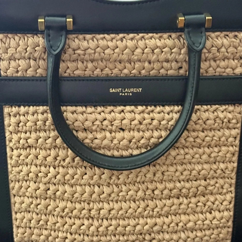 Saint Laurent woven raffia and black calfskin leather handbag NWOT - Picture 7 of 10